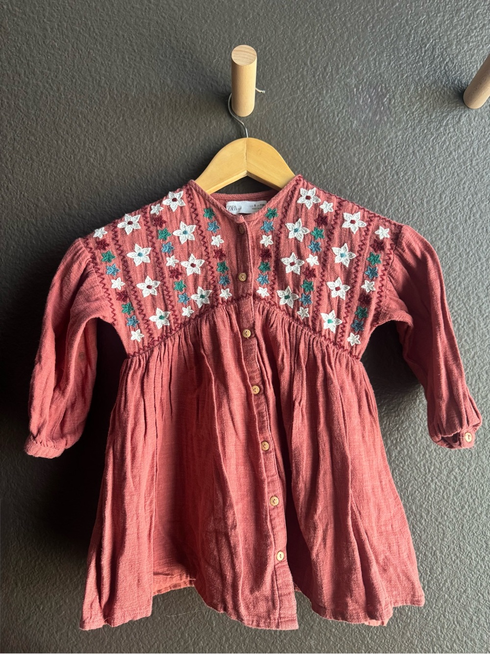Zara Rust-Pink Embroidered Button-Front Dress